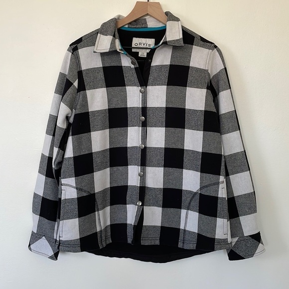 Orvis | Ladies Black White Checker Fleece Lined Button Front Shacket Size Medium - Picture 2 of 14